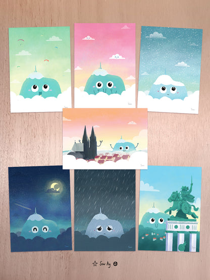 assortiments de 7 illustrations du puy de dome humanisé et mignon : un avec des parapentes de jour, un heureux avec ciel rose, un regardant la neige tomber sur lui, un de nuit avec ciel étoilé, un triste sous la pluie, un heureux au loin regardant la statue de vercingétorix, et un de lui faisant coucou à la cathédrale de clermont ferrand.