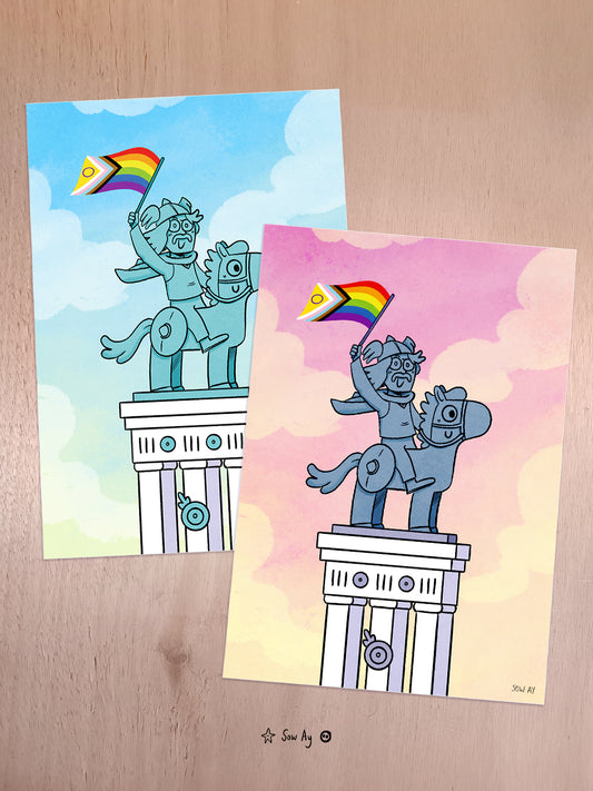 Statue de Vercingétorix version mignonne qui brandit le drapeau queer LGBTQIA+ sur ciel bleu et rose