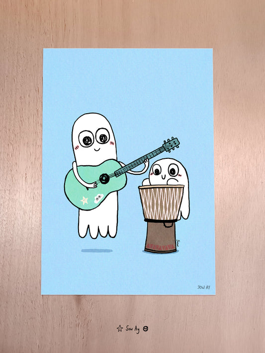 deux fantômes qui font respectivement de la guitare et du tam tam.