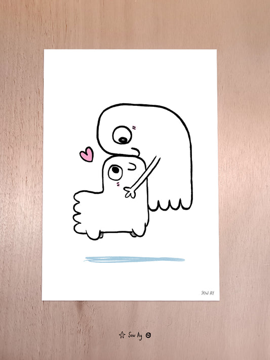 un fantôme qui fait un câlin à son chien fantôme