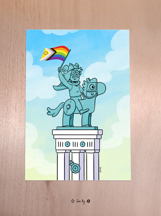 Statue de Vercingétorix version mignonne qui brandit le drapeau queer LGBTQIA+ sur ciel bleu