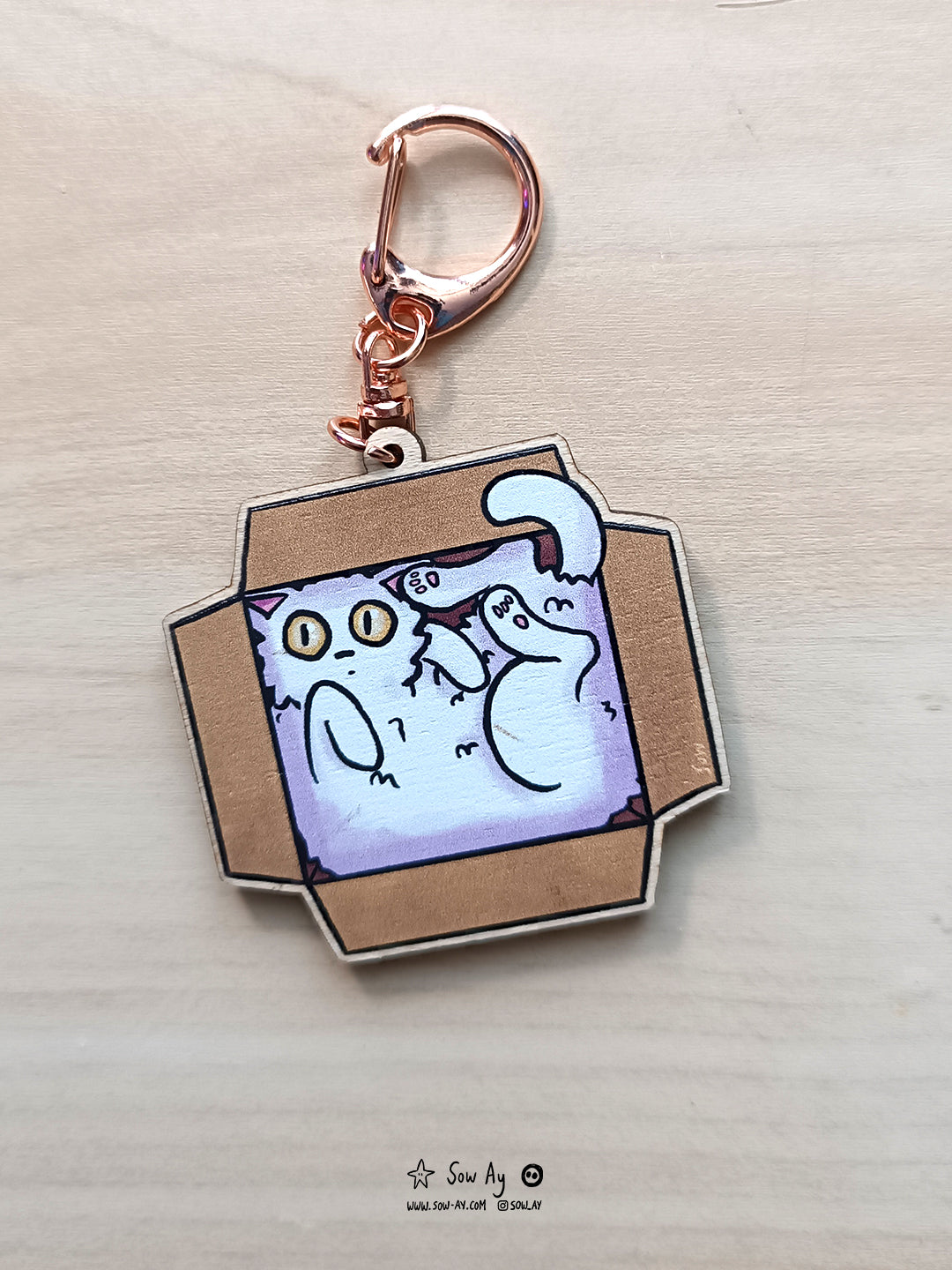 vu de haut, on voit un carton ouvert et à l'intérieur un chat blanc tout contorsionné et les yeux écarquillés