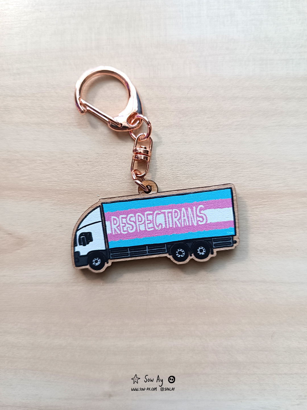 Un camion de profil avec le jeu de mot : respectrans et il est aux couleurs du drapeau transgenre rose et bleu