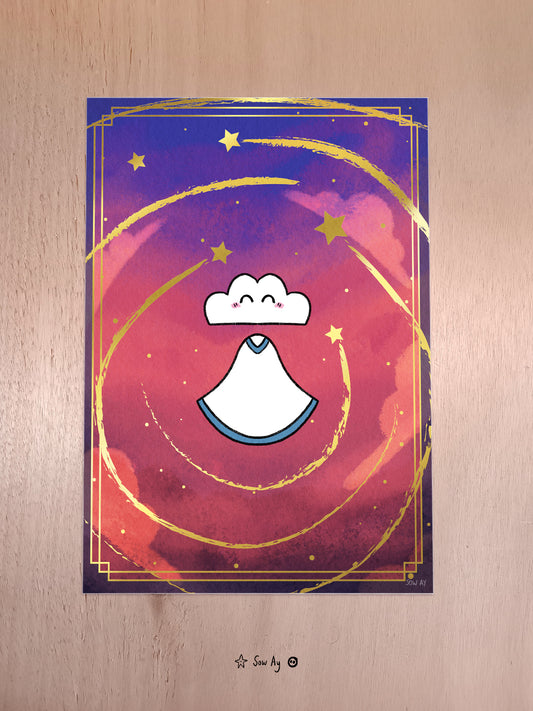 Dans le ciel aux couleurs rouges et bleues dégradées, un personnage à tête de nuage se tient, lévitant, et heureux. Des étoiles filantes dorées tournent autour de lui.