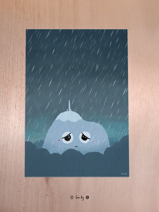 le volcan puy de dôme en version humanisée et mignonne, qui est triste sous la pluie
