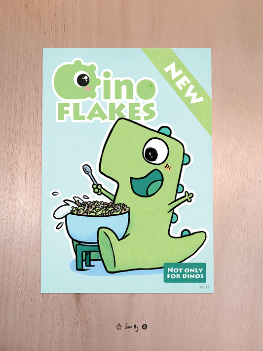 une boite de céréales avec un petit dinosaure heureux de manger ses céréales qui sont de tous petits dinosaures.