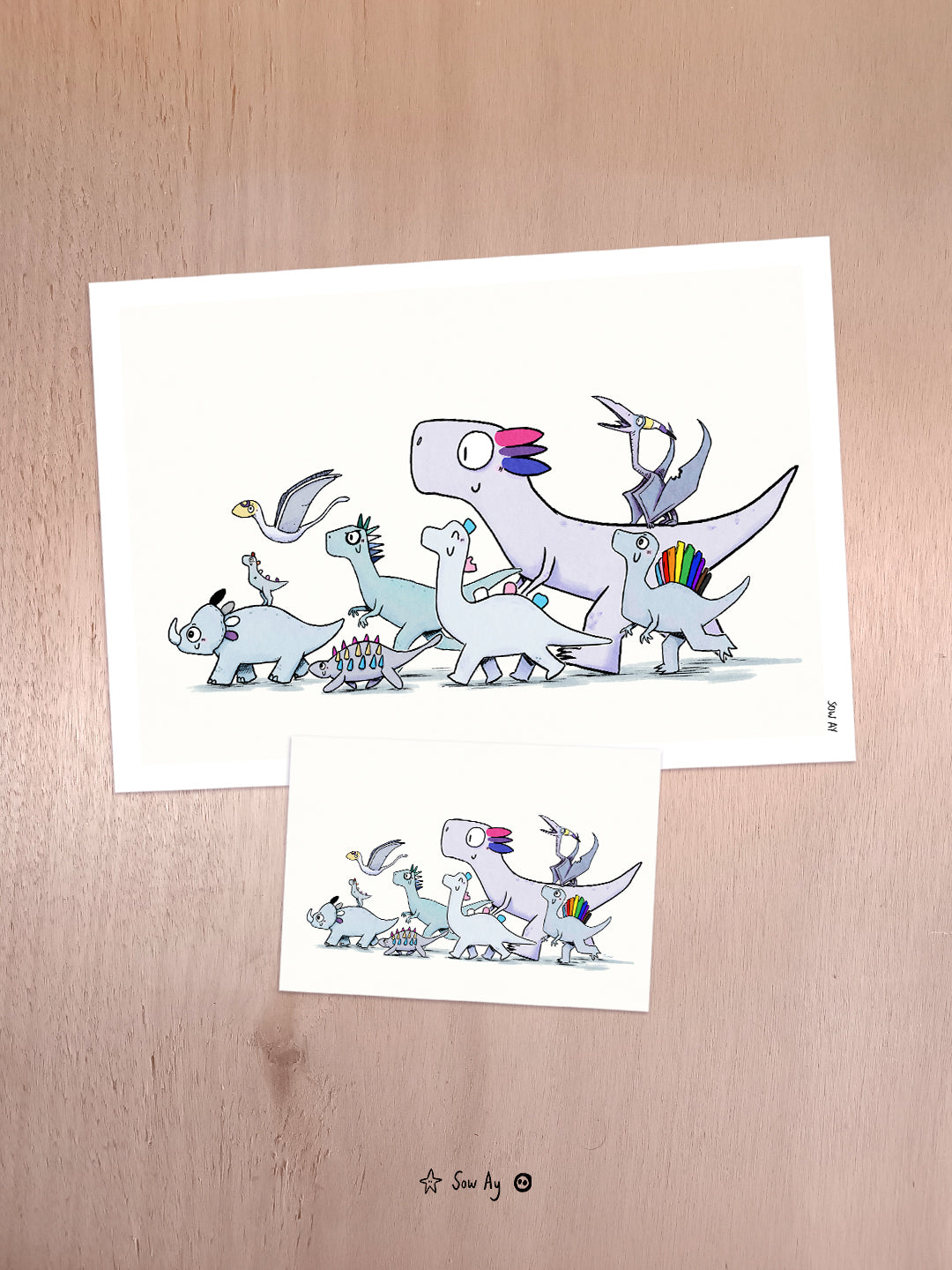 un groupe de dinosaure marche, et chacun d'entre eux à les couleurs d'un des drapeaux LGBTQIA+