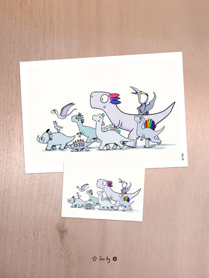 un groupe de dinosaure marche, et chacun d'entre eux à les couleurs d'un des drapeaux LGBTQIA+