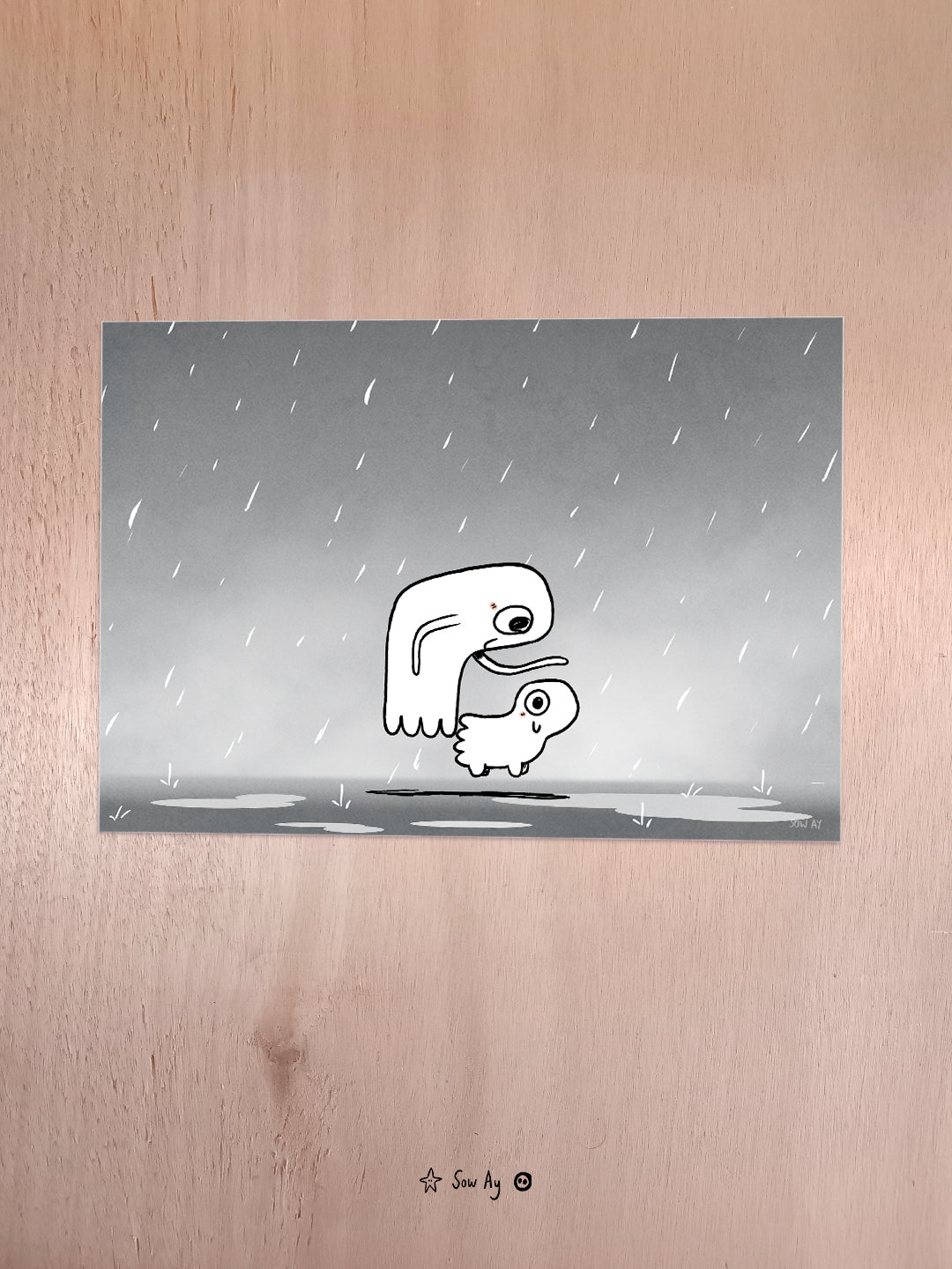 il fait gris et il pleut. Un fantôme se promène et protège de la main son chien fantôme. les deux sont heureux.