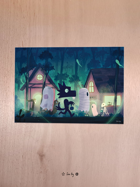 un petit village dans une forêt de nuit. On voit nos 3 personnages (2 fantômes et un loup noir) se promener pour faire la quête des bonbons d'halloween. 