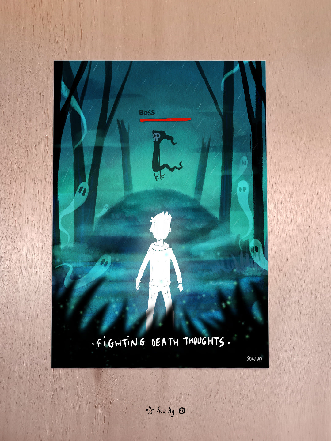 un garçon se tient de dos, dans une forêt aux arbres morts, il y a des fantômes autour et en face de lui, la faucheuse au dessus de laquelle il y a une jauge de vie, et le mot BOSS.