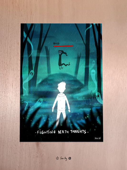 un garçon se tient de dos, dans une forêt aux arbres morts, il y a des fantômes autour et en face de lui, la faucheuse au dessus de laquelle il y a une jauge de vie, et le mot BOSS.