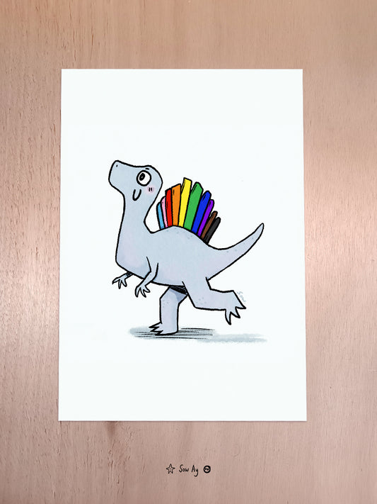 Spinosaure en version mignonne sur fond blanc, il est gris mais la crête sur son dos est aux couleurs du drapeau LGBTQIA+