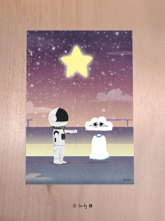 Une scène dans laquelle de la neige tombe. Un petit astronaute est de profil et tend un ballon en forme d'étoile brillante à un petit personnage à tête de nuage qui pleure.