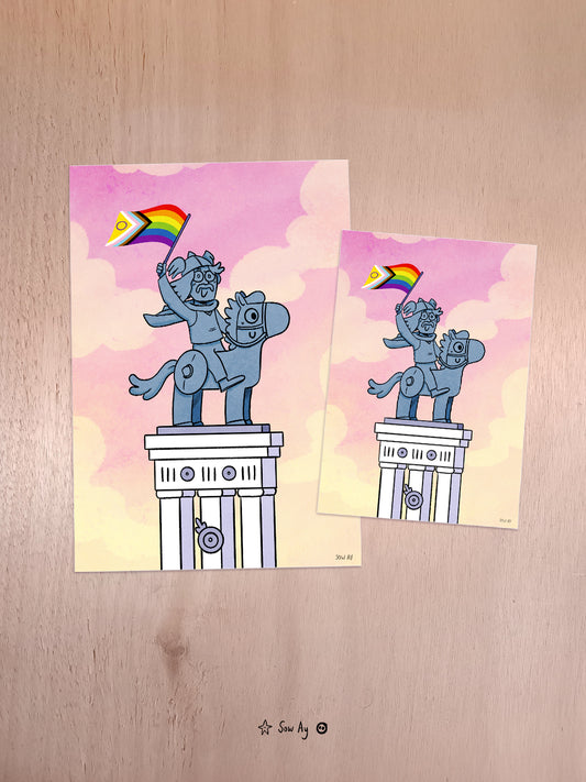 Statue de Vercingétorix version mignonne qui brandit le drapeau queer LGBTQIA+ sur ciel rose