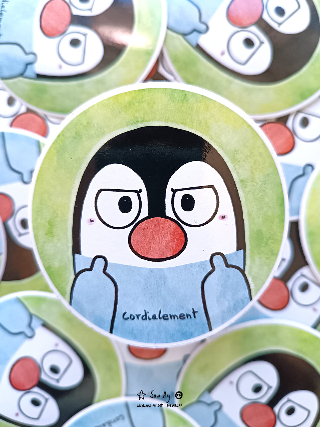 pingouin dans une forme de cercle, il n'est pas content et fait deux doigts d'honneur en regardant vers nous. Il est écrit "cordialement".