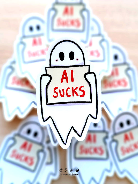 fantôme qui tient devant lui une pancarte sur laquelle est inscrit "AI Sucks"